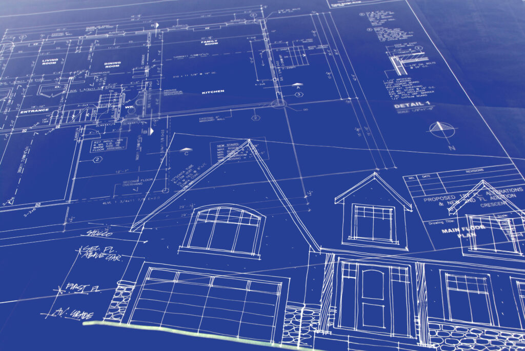 Blueprints depicting the design and specifications for constructing a residential home.