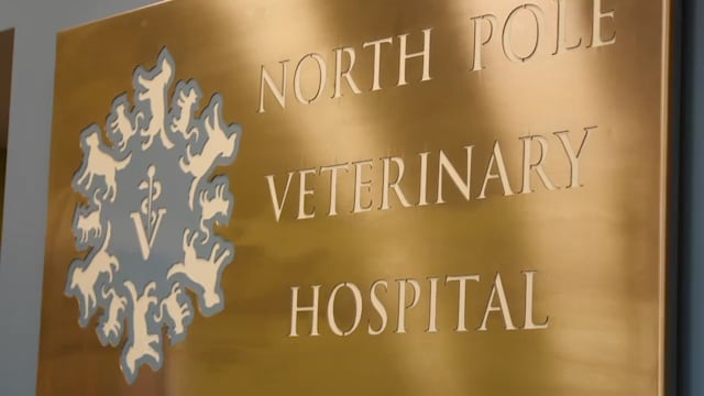 North Pole Veterinary Hospital sign, prominently displayed, showcasing the facility's commitment to animal care and health.